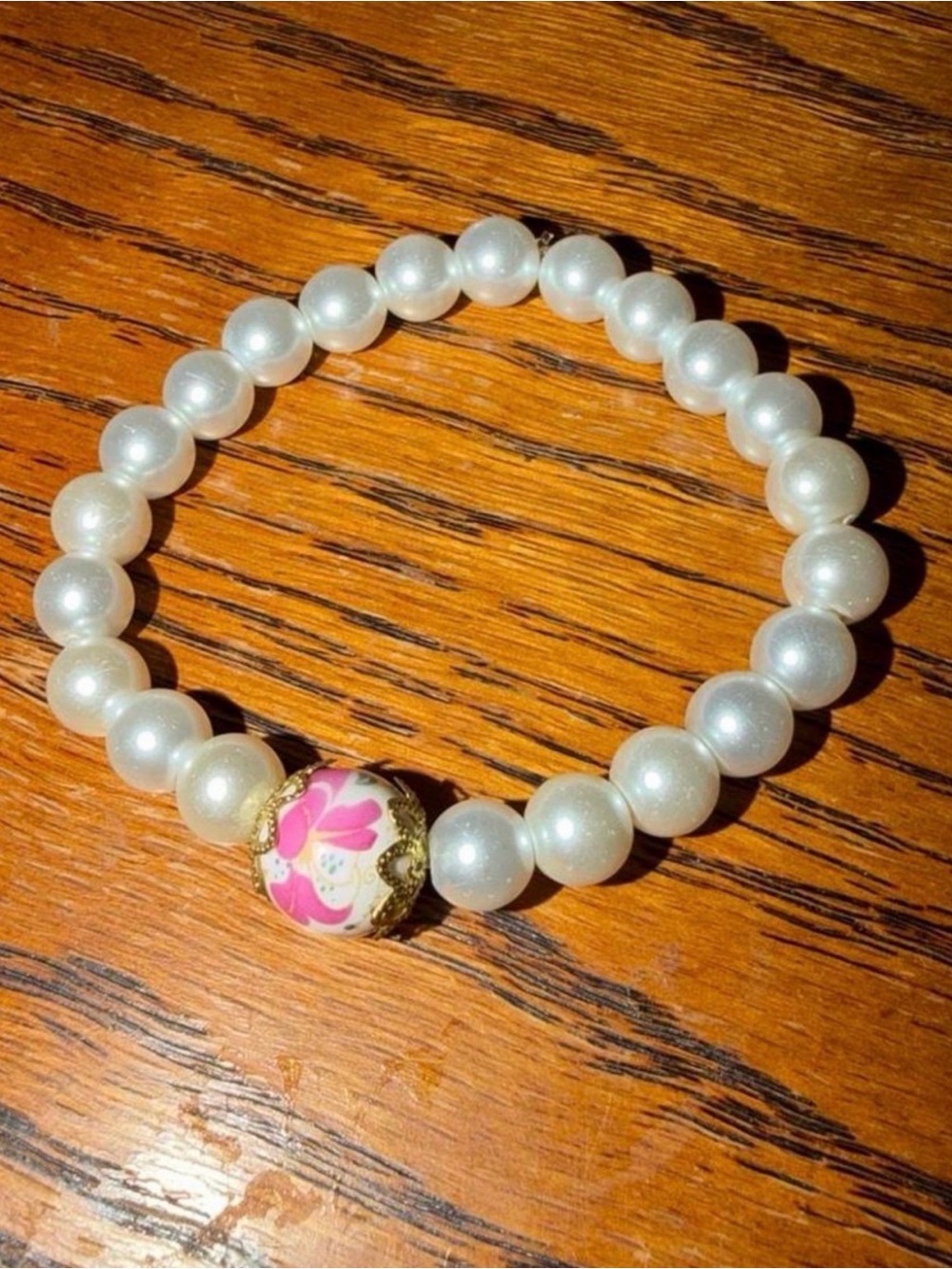 Pearl Stretch Bracelet with Pink Floral Accent